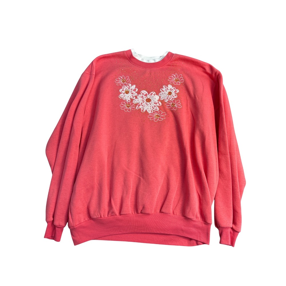 Trilogy by Morning Sun Floral Embroidered Sweatshirt Coral Pink 2XL Studded